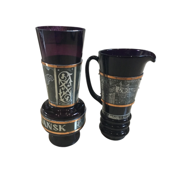 VTG Gdańsk Poland Souvenir Pitcher & Goblet Set – Amethyst Glass & Metal Etching - Picture 1 of 16